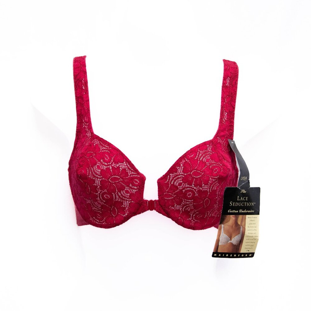 Vtg Maidenform 34D Red Lace Stretch Unlined Underwire Bra Front Closure 7829 NWT
